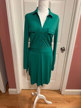 Marciano Teal-Green Long Sleeve Shirt Dress with Waist Tie